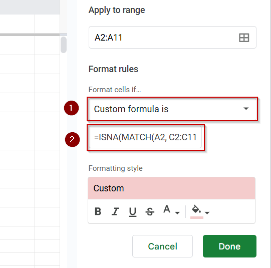 Highlight Missing Values Using Conditional Formatting Across Two Sheets in Google Sheets