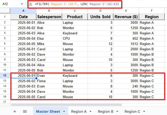 Use the FILTER Function to Pull Data Automatically
