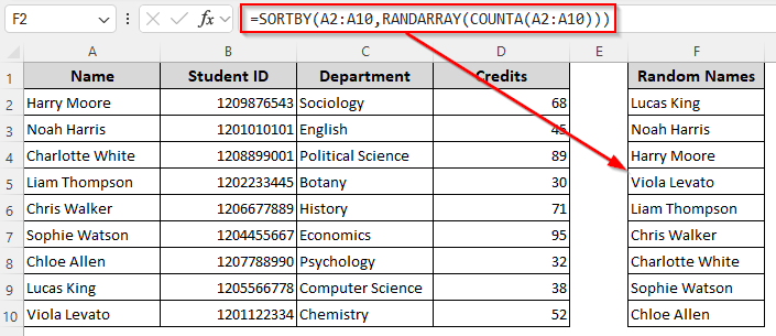 Dynamic Array Sampling of Random Names with the SORTBY, RANDARRAY, and ROWS Functions (No Duplicates)