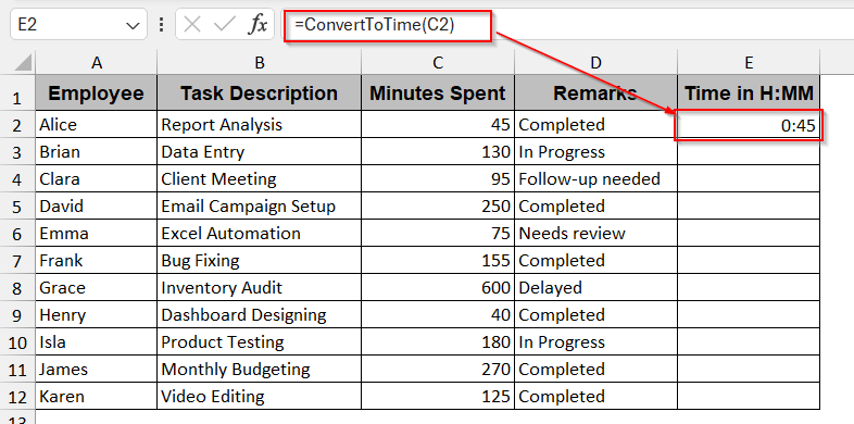 Apply VBA Code to Convert Minutes into Hours and Minutes