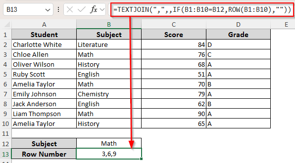 Return Several Row Numbers for Multiple Matches with the IF, ROW, and TEXTJOIN Functions