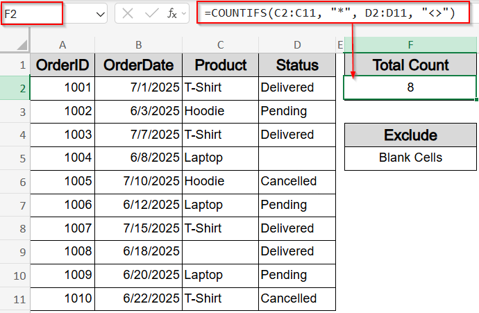 Use COUNTIFS Function for Partial Text Matches and Excluding Blanks