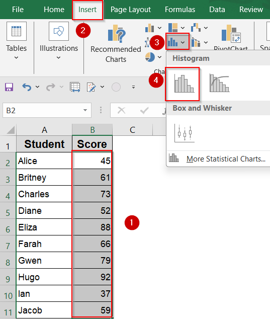 Adjust Format Axis Settings to Control Bins for Built-in Histogram Chart