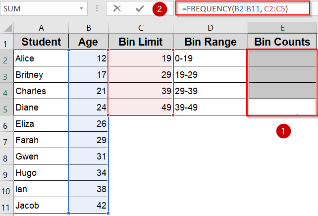 Insert the FREQUENCY Function to Create Bins and Count Data