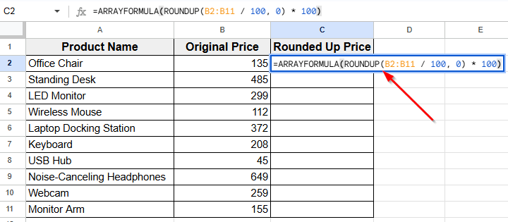 Combine ARRAYFORMULA and ROUNDUP Function for Auto-Fill Rounding