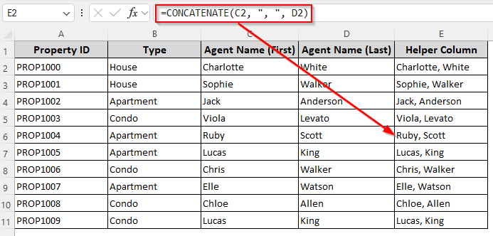 Adding a Comma Between Names in Different Rows/Columns with the CONCATENATE Function
