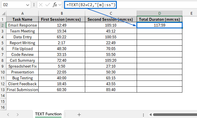 Add Minutes and Seconds Using the TEXT function