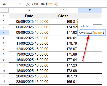 Combining GOOGLEFINANCE and AVERAGE to Calculate Moving Average