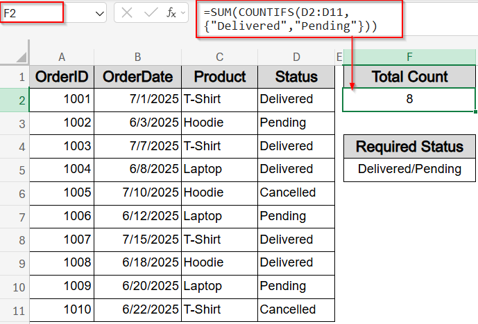 Simulate OR Logic with COUNTIFS Function Using Arrays or Additions