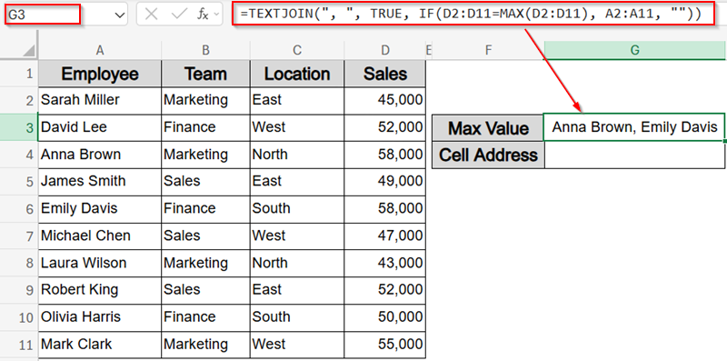 Find Multiple Max Value Entries and Cell Locations with TEXTJOIN Function