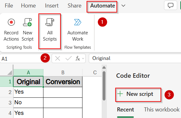 Use Office Scripts to Convert Yes/No to 1/0 (Excel Online)