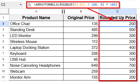 Combine ARRAYFORMULA and ROUNDUP Function for Auto-Fill Rounding