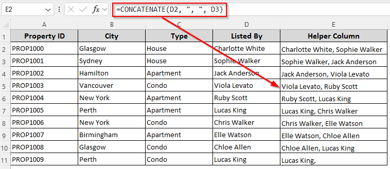 Adding a Comma Between Names in Different Rows/Columns with the CONCATENATE Function