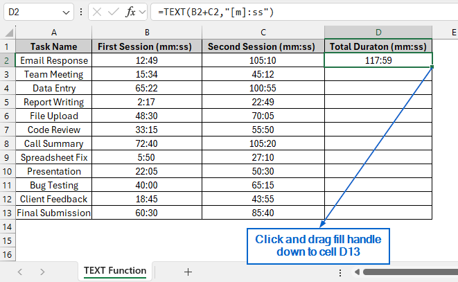 Add Minutes and Seconds Using the TEXT function