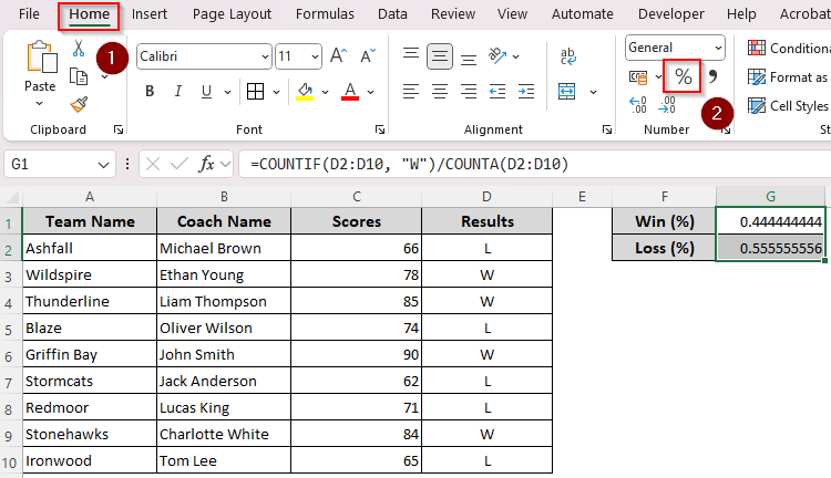 Determining Win-Loss Percentage from Text-Based Results Using the COUNTIF and COUNTA Functions