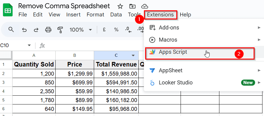 Advanced: Remove Commas Using Apps Script