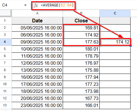 Combining GOOGLEFINANCE and AVERAGE to Calculate Moving Average