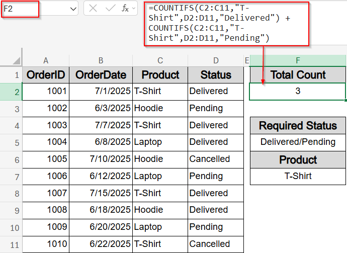 Simulate OR Logic with COUNTIFS Function Using Arrays or Additions