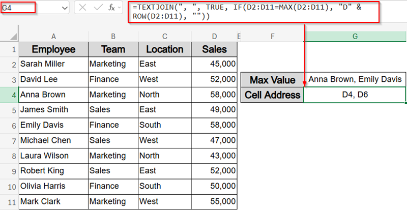 Find Multiple Max Value Entries and Cell Locations with TEXTJOIN Function