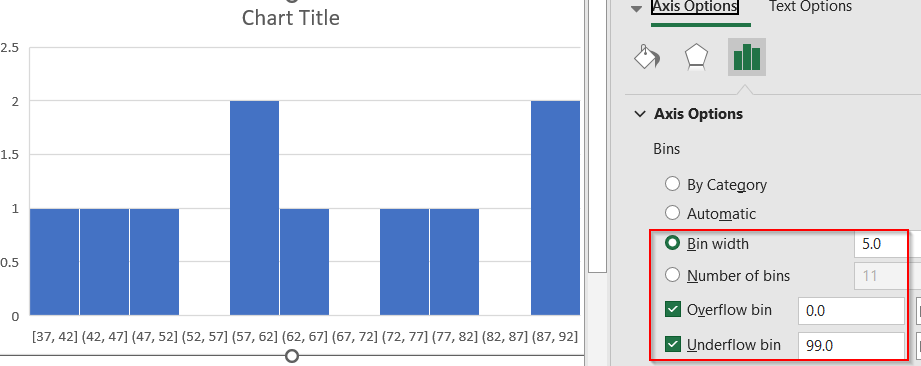Adjust Format Axis Settings to Control Bins for Built-in Histogram Chart