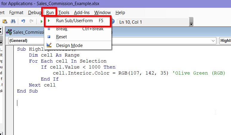 Insert VBA Macro to Highlight Selected Cells