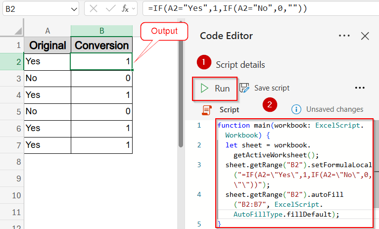 Use Office Scripts to Convert Yes/No to 1/0 (Excel Online)