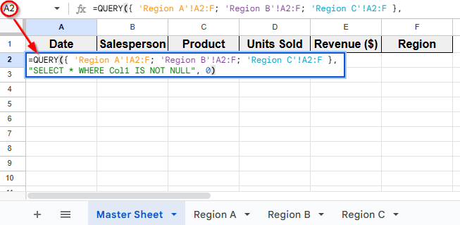 Using QUERY Function To Combine All Sheets