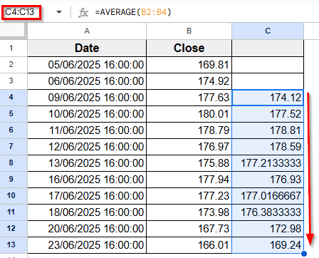 Combining GOOGLEFINANCE and AVERAGE to Calculate Moving Average