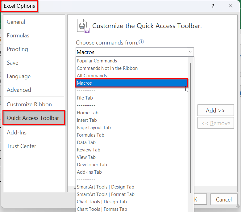 Add a Macro Button to The Quick Access Toolbar