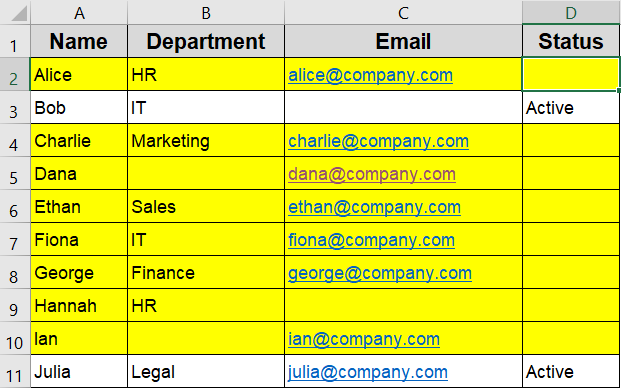 Highlight Blank Cells or Entire Row with a Formula