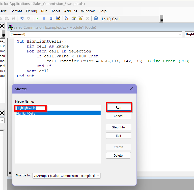 Insert VBA Macro to Highlight Selected Cells