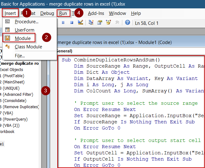 Run VBA to Merge Duplicate Rows and Sum Corresponding Values