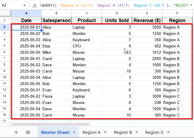 Using QUERY Function To Combine All Sheets