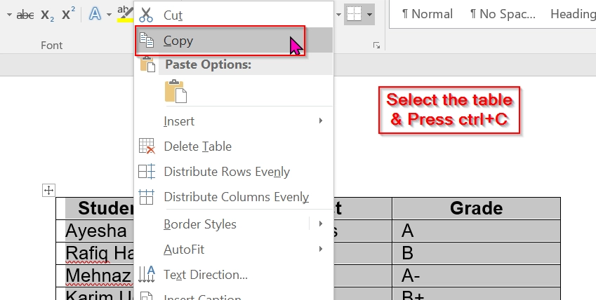 Apply Copy and Paste Tools for Getting a Table from Word to Excel
