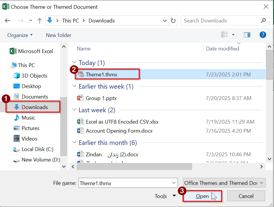 Apply a Theme File (.thmx) to Change Theme Colors In Excel