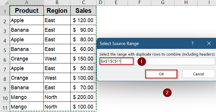 Run VBA to Merge Duplicate Rows and Sum Corresponding Values