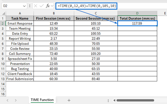 Manually Add Minutes and Seconds Using TIME function