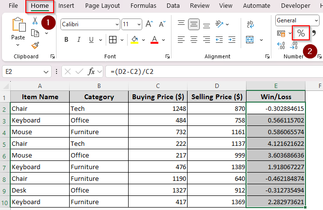 Calculating Win-Loss Percentage for Sales Data