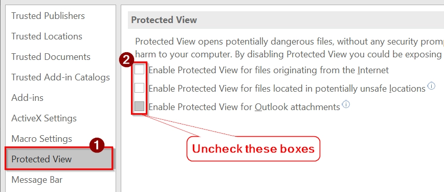 Deactivate Excel Protected View