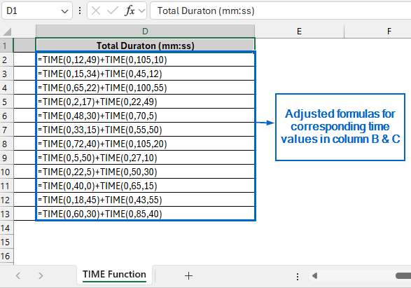 Manually Add Minutes and Seconds Using TIME function