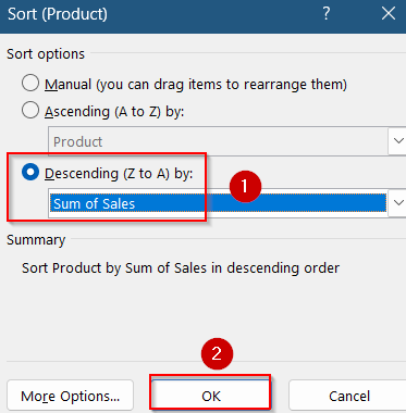 Insert a Pivot Table to Sort a Bar Chart in Reverse Order