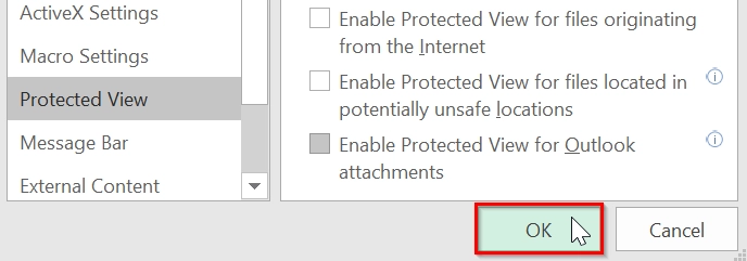 Deactivate Excel Protected View