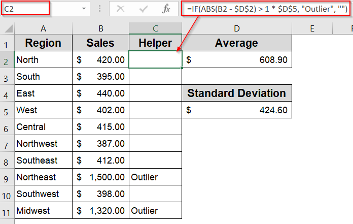 Apply the Helper Column Technique to Remove Outliers Using Standard Deviation