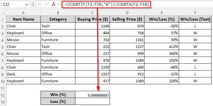 Calculating Win-Loss Percentage for Sales Data