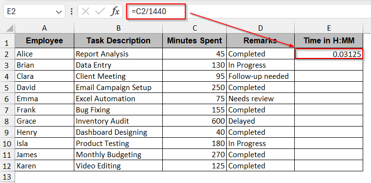 Divide Minutes by 1440 and Apply Time Format in Excel