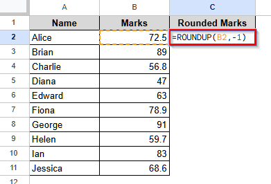 Round up to Nearest 10 Using the ROUNDUP Function in Google Sheets