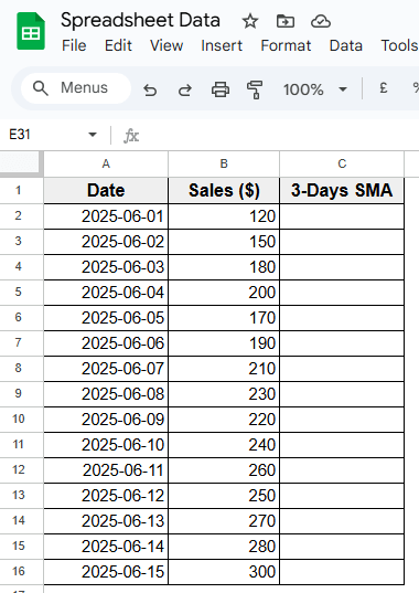 Applying AVERAGE Function To Calculate Moving Average