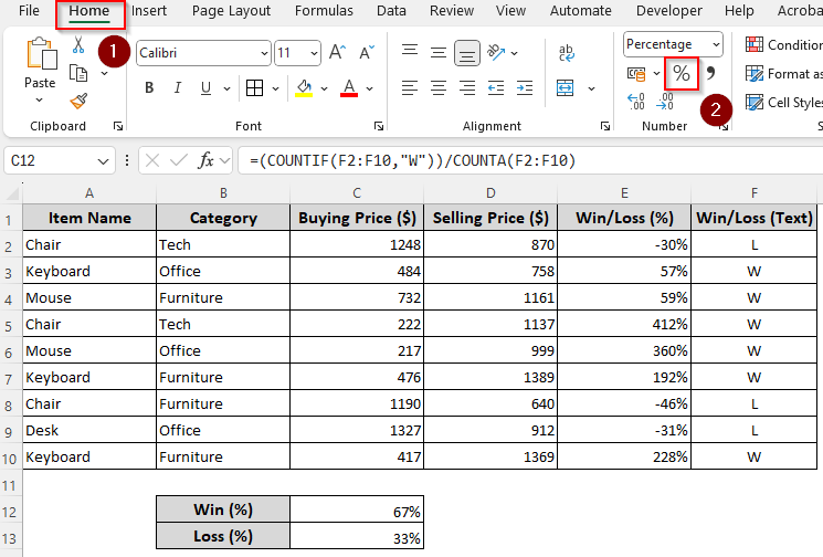 Calculating Win-Loss Percentage for Sales Data