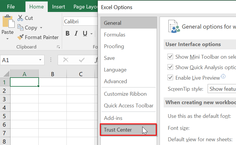 Change Excel Application Trust Center Settings