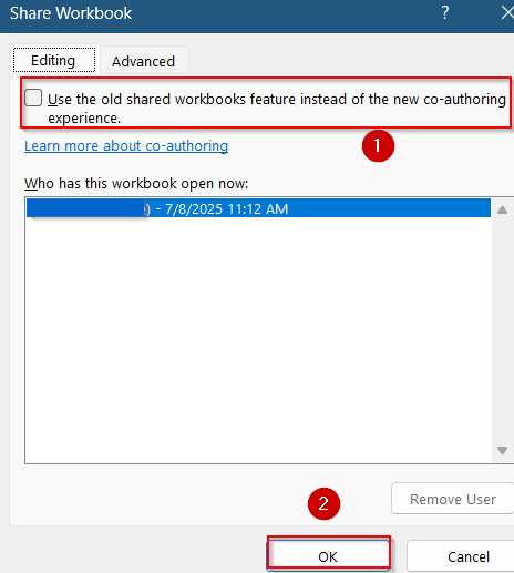 Enable Legacy Share Workbook Feature and Uncheck Sharing